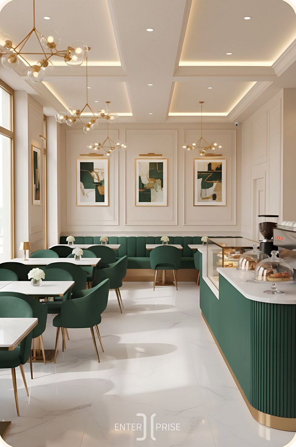 Green, cream and gold café interior