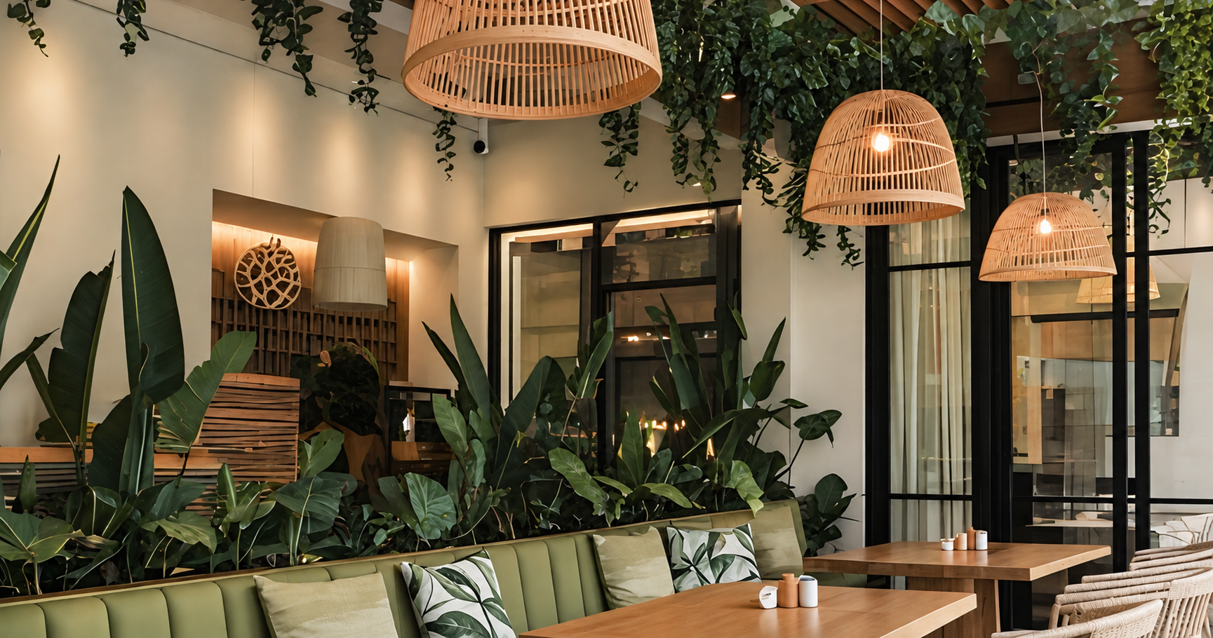 Petals & Plates café interior with green banquette seating and rattan lamps